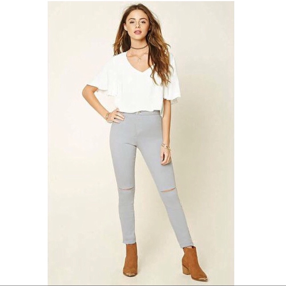 F21 stretch-knit ribbed high rise pants Grey jeans